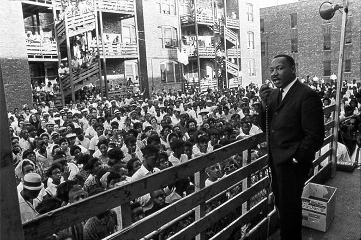 Dr. Martin Luther King hosting a housing rally in Chicago