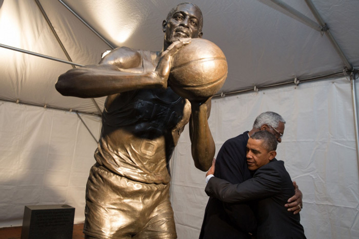 Bill Russell hugged by President Obama, Boston Trivia