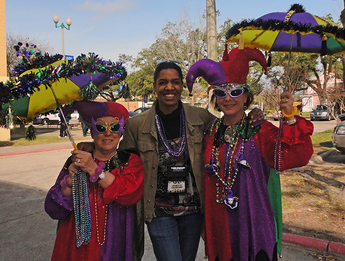 Jeanette Valentine and two Lake Charles Mardi Gras Revelers