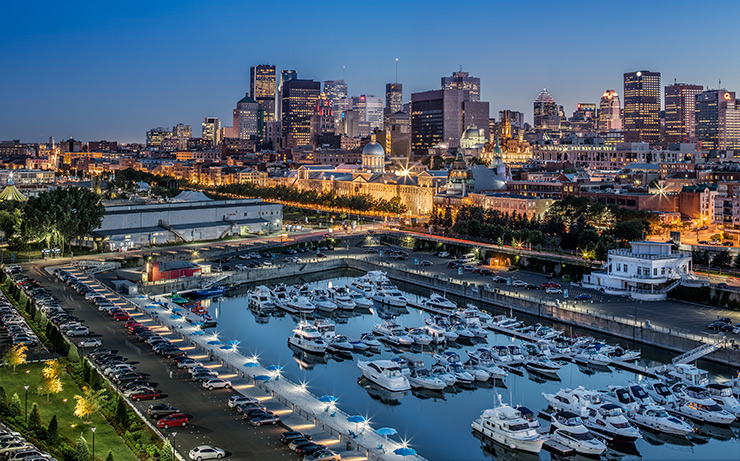 Montreal marina with skyline in the background