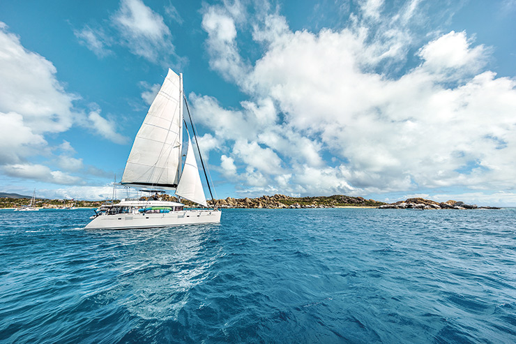 Catamaran sailing off Tortola; credit BVI Tourism Board