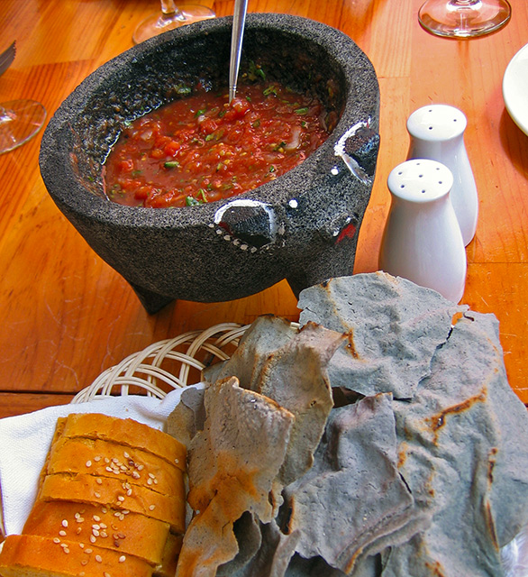 Casa Oaxaca restaurant serving blue tortillas and salsa