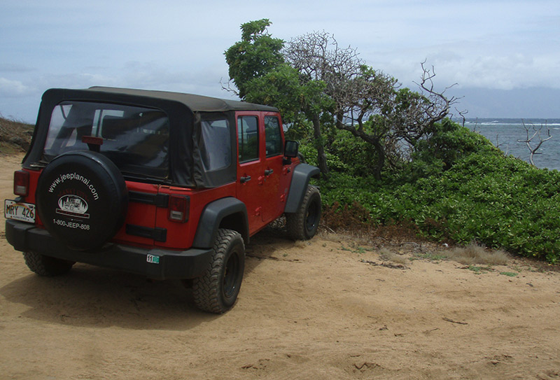 Jeep parked at Lanai Shipwreck Beach