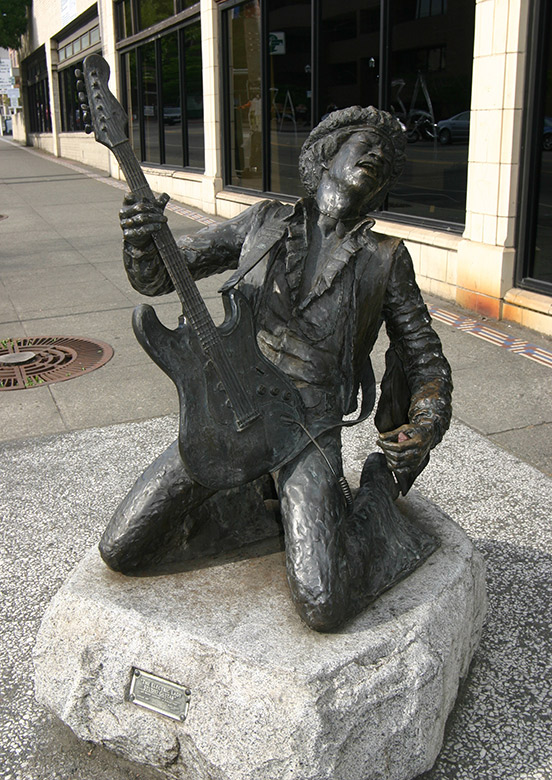 Monument to Jimi Hendrix, the greatest rock guitarist, Seattle Trivia