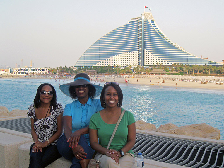 Ladies with Jumeirah Hotel in the background, Dubai